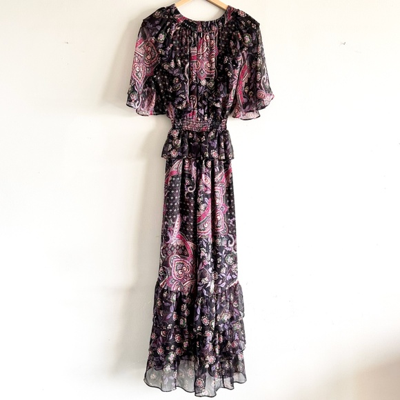 MISA Marni Printed Chiffon Midi Dress Size Small Black Boho Paisley - Picture 5 of 16